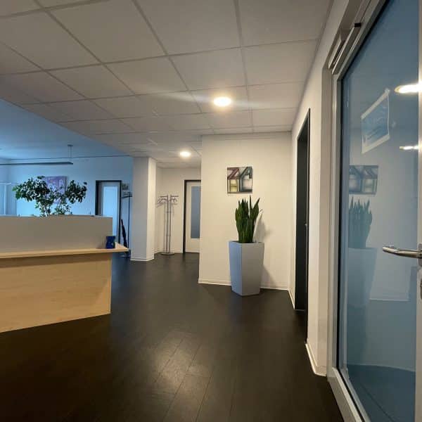 Modernes Büro mit Empfangstheke, Kunstwand, Zimmerpflanzen und Zugang zu mehreren Büroräumen